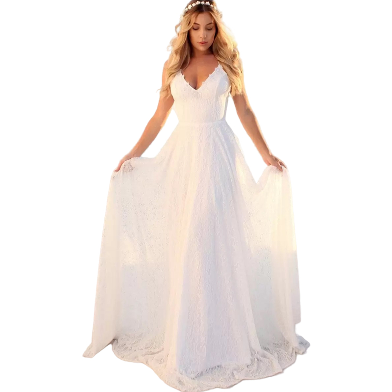 Romantic White Full Lace Boho Wedding Dresses 2023 A Line Sexy Backless Spaghetti Straps Long Bohemian Beach Bride Dress Bridal Gowns Plus Size