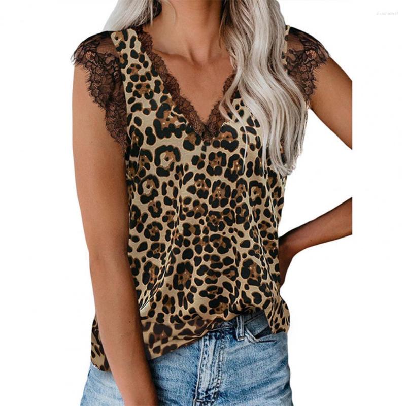 Women's Blouses V-Neck Sleeveless Women Blouse Lace Stitching Leopard Print Snake Pattern Casual Shirt Top Ladies Clothing, Khaki