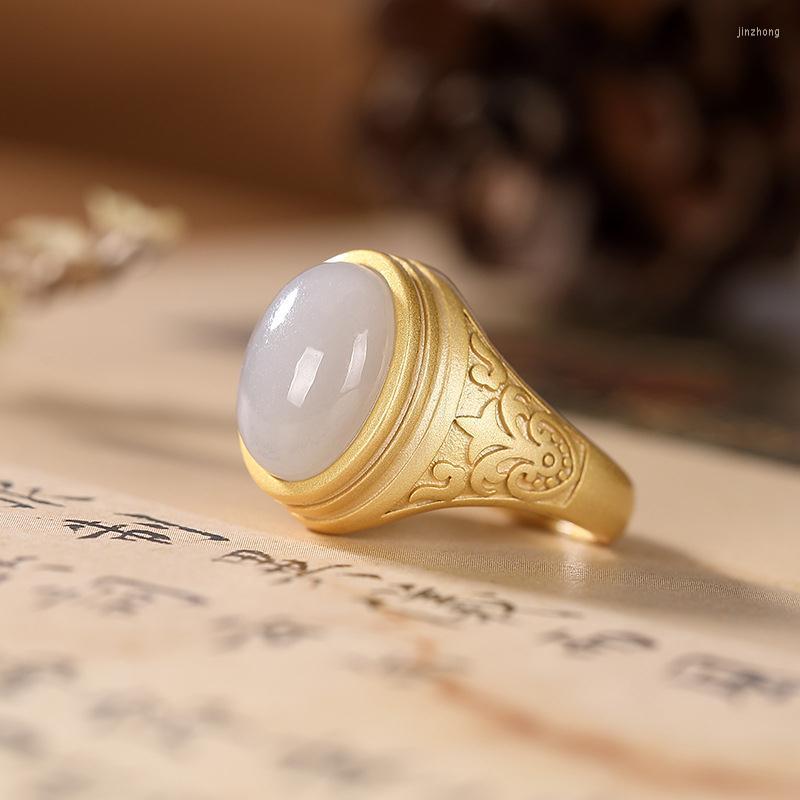 Cluster Rings Original S925 Sterling Silver Gold Natural Hetian Jade High-Grade Women's Retro Classical Open-End Ring For Women