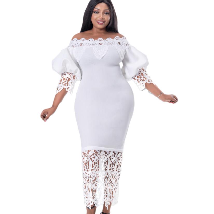 Party Dresses New off shoulder shoulder bag hip lace splicing lantern sleeve European and American dress foreign trade-dress