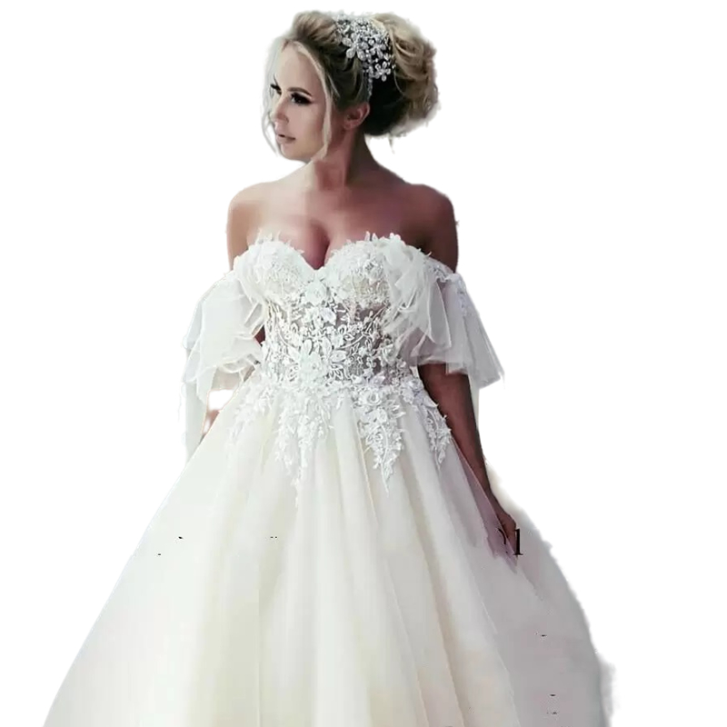 Charming Off Shoulder Ivory Wedding Dress A Line 2023 Appliques Lace Flowers Long Spring Country Garden Bridal Gowns Plus Size Bride Dresses