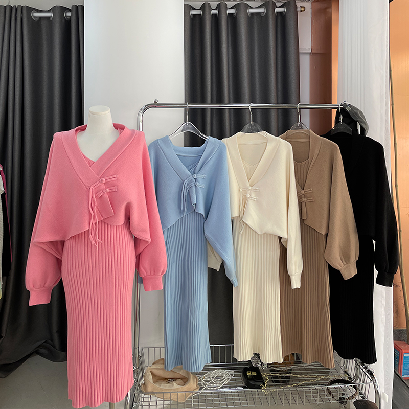 Womens solid color knitted tank dress and sweater cardigan 2 piece dress suit