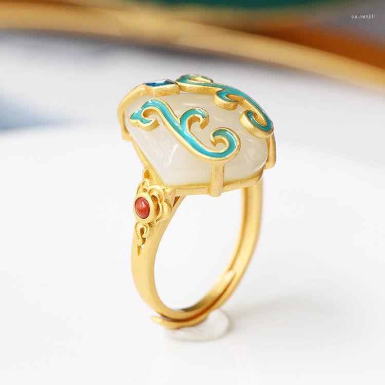 Cluster Rings S925 Sterling Silver Gold Plated Cloisonne Vintage Court Style Burnt Blue Craft Natural South Red Hetian White Jade Ring
Cluster Rings S925 Sterling Silver Gold Plated Cloisonne Vintage Court Style Burnt Blue Craft Natural South Red Hetian White Jade Ring