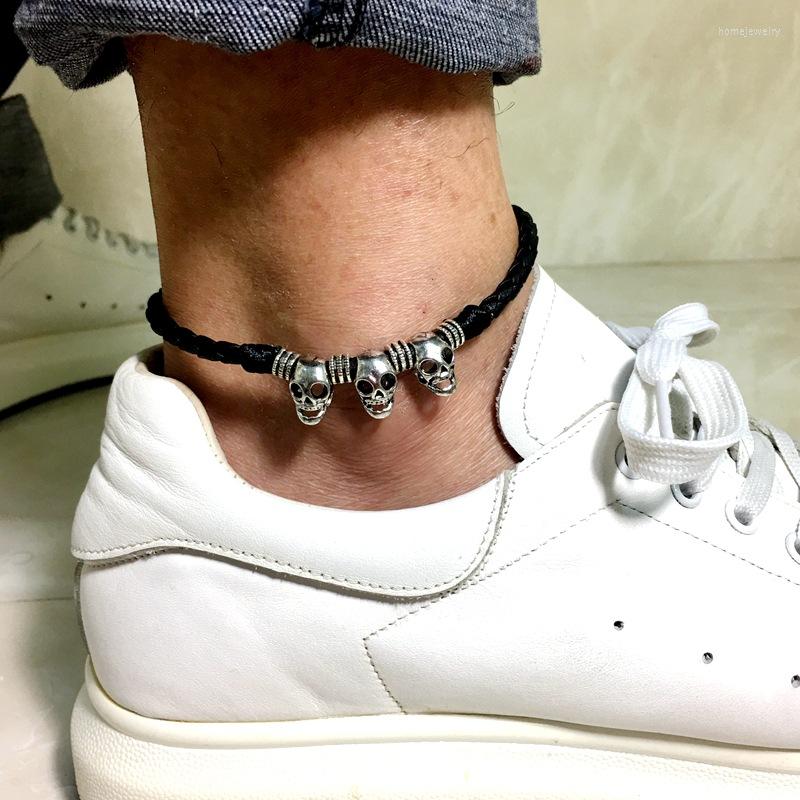 Anklets Skull Skeleton Black Leather Anklet For Men Red String Boys Student Punk Rock