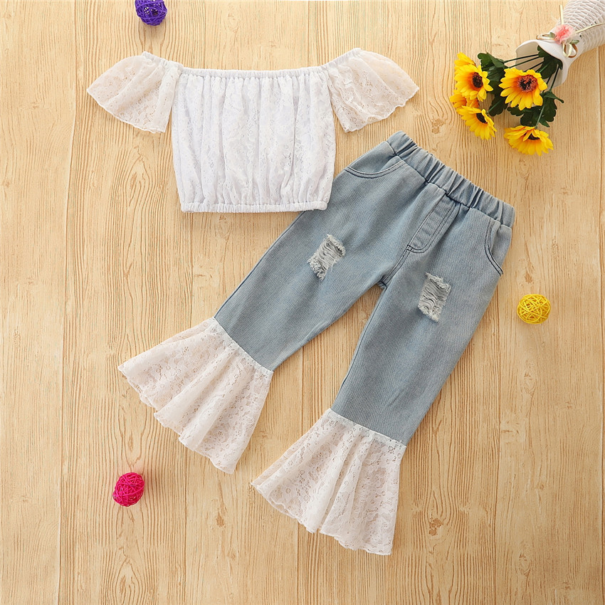 Kids Summer Clothes Sets Baby Girls Off Shoulder Lace Tops Denim Flare Pants Children Jeans Costumes Outfits, As picture
Kids Summer Clothes Sets Baby Girls Off Shoulder Lace Tops Denim Flare Pants Children Jeans Costumes Outfits, As picture
