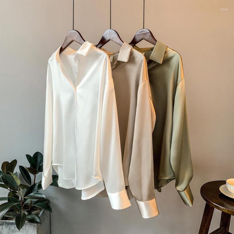 

Women's Polos Lady Sheer Top Longsleeve Dress Shirt Ladies Overshirt Satin Womens Clothing Silk Shirts Ovearsized Vintage Blouse Office, Army green