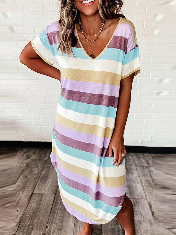 Party Dresses Summer Cotton Women' Dress V-Neck Short Sleeve Pullover Loose Striped Fashion Streetwear, Picture color 3
Party Dresses Summer Cotton Women' Dress V-Neck Short Sleeve Pullover Loose Striped Fashion Streetwear, Picture color 3