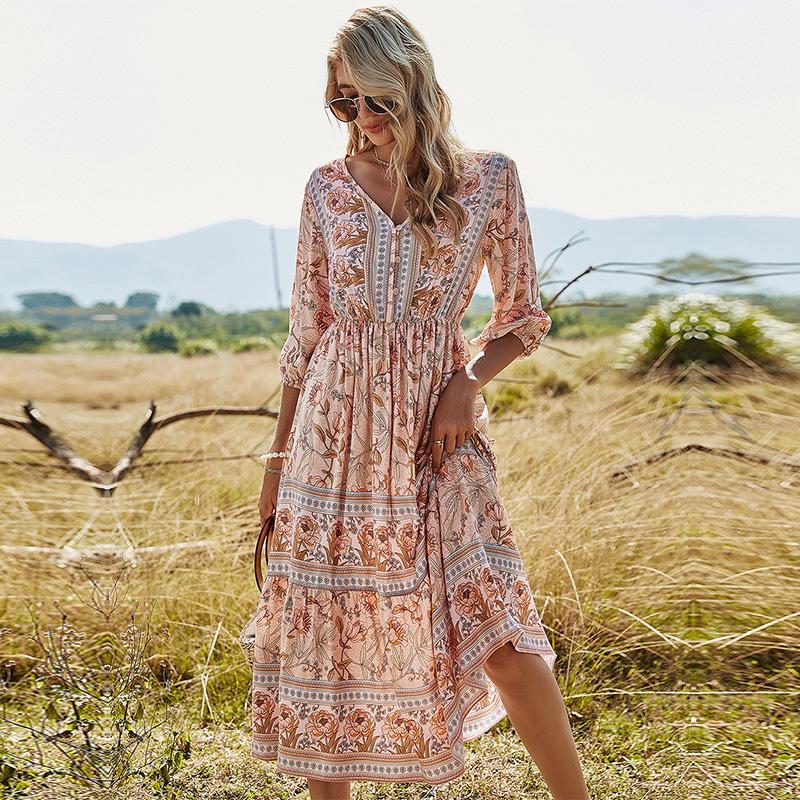 Party Dresses 2022 Spring Bohemia Floral Dress Women Casual V Neck High Waist Half Sleeve For Fashion Print Summer, Blue
Party Dresses 2022 Spring Bohemia Floral Dress Women Casual V Neck High Waist Half Sleeve For Fashion Print Summer, Blue