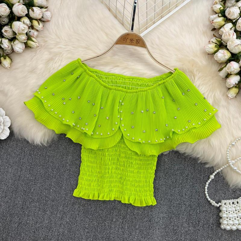 Women's Blouses Beaded Diamonds Sweet Double Layer Ruffled Slash Neck Off The Shoulder Slim Chiffon Shirt Women's High Quality Pearl, Blue
Women's Blouses Beaded Diamonds Sweet Double Layer Ruffled Slash Neck Off The Shoulder Slim Chiffon Shirt Women's High Quality Pearl, Blue