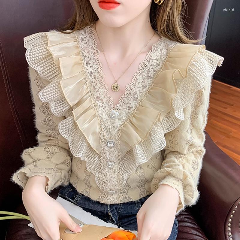 Women' Blouses Fashion Korean Lace Crochet Beige Black Shirts Ruffles V Neck Diamonds Women Blusas Long Sleeve Femme Tops 2022 Autumn, Picture shown
Women' Blouses Fashion Korean Lace Crochet Beige Black Shirts Ruffles V Neck Diamonds Women Blusas Long Sleeve Femme Tops 2022 Autumn, Picture shown