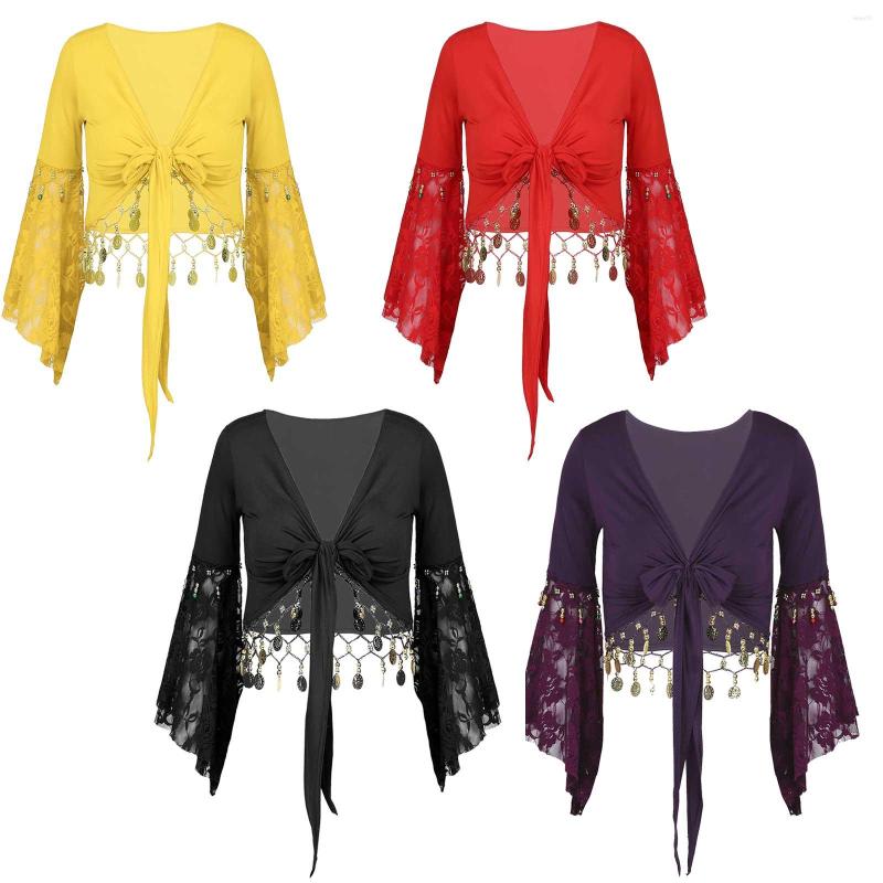 Stage Wear Women Belly Dance Costume Lace Patchwork Three Quarter Flare Sleeve Bead Tassel Lace-Up Shawl Dancer Crop Tops Cardigan, Red 
Stage Wear Women Belly Dance Costume Lace Patchwork Three Quarter Flare Sleeve Bead Tassel Lace-Up Shawl Dancer Crop Tops Cardigan, Red