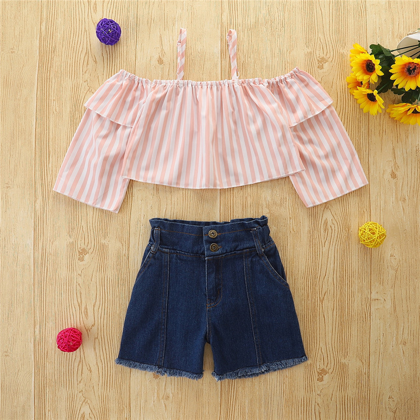 New fashion summer kids girls sets summer off shoulder stripe tops matching denim skirts, As picture
New fashion summer kids girls sets summer off shoulder stripe tops matching denim skirts, As picture