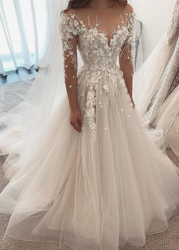 Delicate Illusion Tulle A e Dresses Jewel Neck Sleeve Covered Button Long Wedding Gowns vestidos de novia With wers
