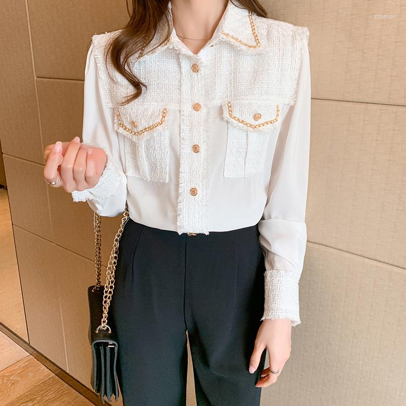 Women's Blouses Fashion Tweed Patchwork Silk Shirts Women Long Sleeve Golden Chain Pocket Beading Blouse Office Lady Satin Weave Top, White
Women's Blouses Fashion Tweed Patchwork Silk Shirts Women Long Sleeve Golden Chain Pocket Beading Blouse Office Lady Satin Weave Top, White