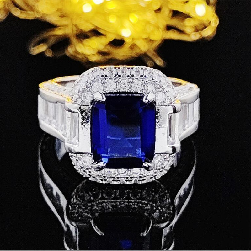 Luxury Jewelry Wedding Rings 925 Sterling Silver Princess Cut Blue Sapphire CZ Diamond Moissanite Party Women Engagement Bridal Ring For Lover Gift