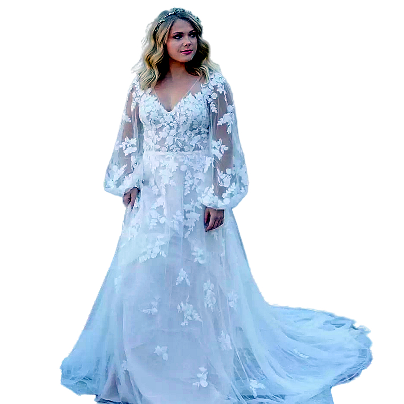 Pretty Lace Country Wedding Dresses A Line New 2023 Illusion Puff Long Sleeve Garden Bridal Wedding Gowns Court Train V Neck Bride Dress