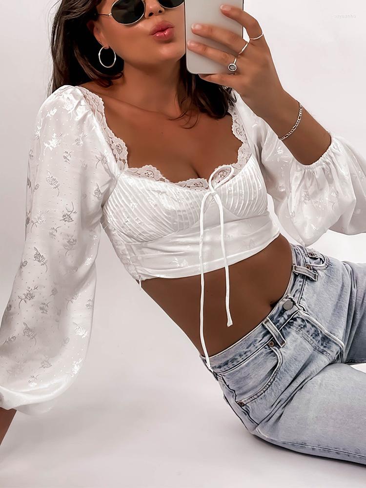 

Women' Blouses Tops Women 2022 Lace Trim Sweetheart Neck Tie Elegant Jacquard Blouse Back Smocked Sexy Crop Top Long Puff Sleeve White