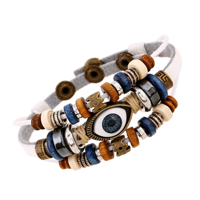 leather Beaded Eyes Charm Bracelet for Women Vintage Handmade Multilayer Weave Snap Button Bracelet