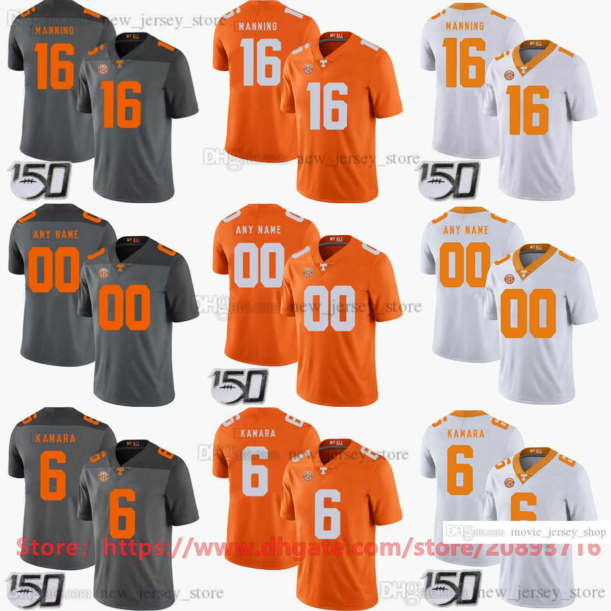 150th patch BOWL NCAA Football College Men Women Kids Boys Tennessee Volunteers Jersey Youth 6 Alvin Kamara 16 Peyton Manning 92 Reggie White all Stitched name number