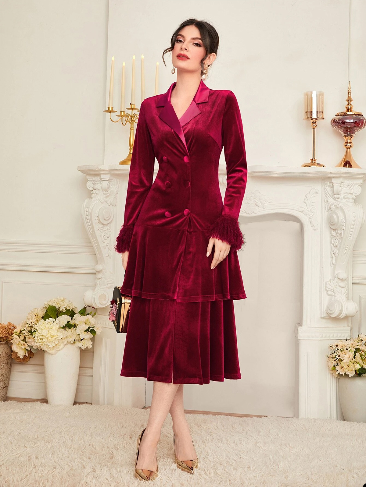 Burgundy Velvet Women Dress Suits V Neck Evening Party Ladies Tuxedos For Wedding Two Pieces Jacket And Skirt