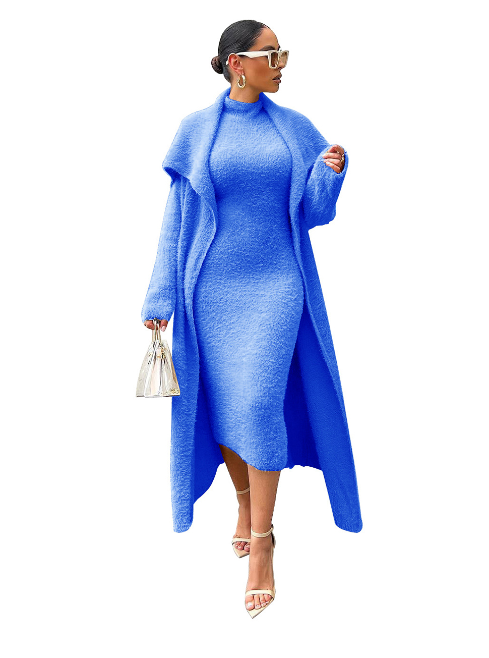 Autumn Winter Women Two Piece Pants Sets Dress and Coat Loose Long Cardigan Velvet Suit With Belt Plus Size S-4XL