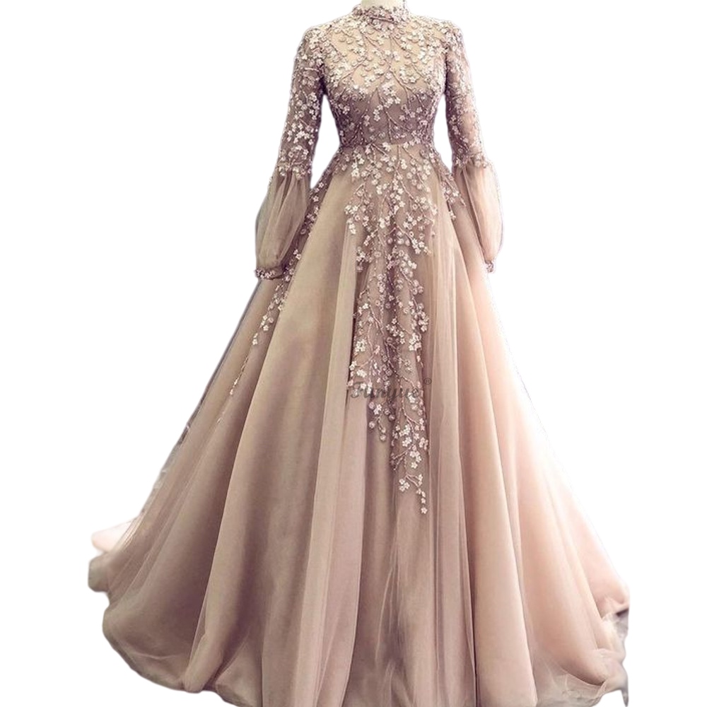 Champagne Muslim Long Sleeve Prom Dresses 2023 High Neck 3D Floral Applique Arabic Dubai Middle East Evening Occasion Gowns