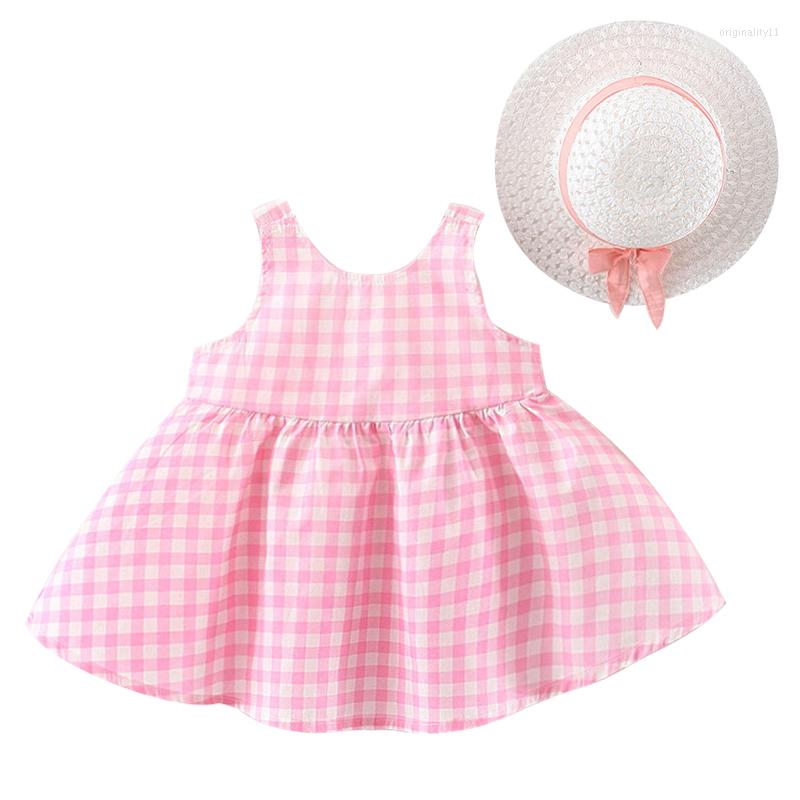 

Girl Dresses 2Piece Summer Born Baby Princess Dress For Girls Boutique Outfits Korean Fashion Plaid Cute Bow Toddler Hats BC007-1
