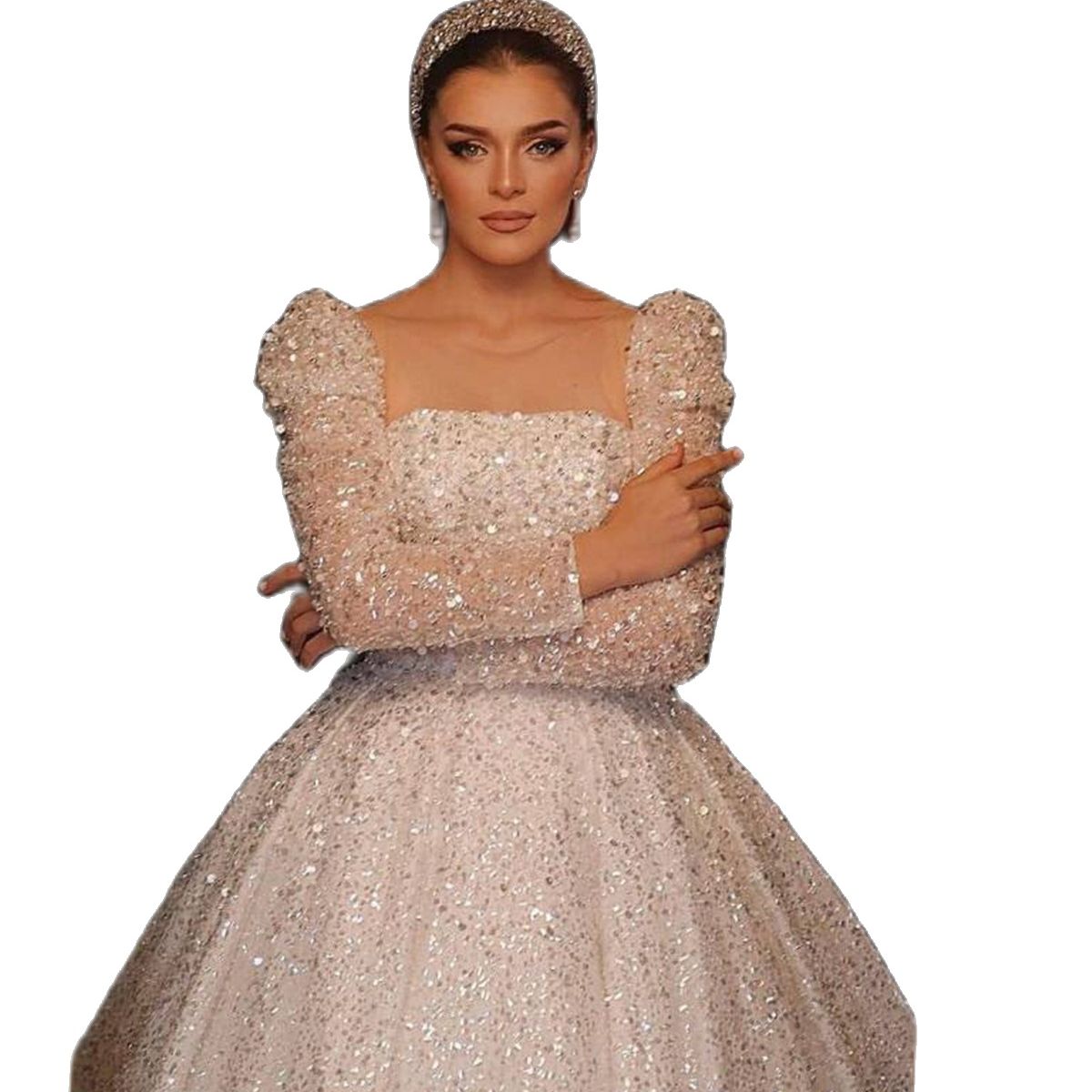 Glitter Beading Sequins Wedding Dress Square Collar Lace Up Long Sleeves or Length Custom Made Plus Size Bridal Gowns