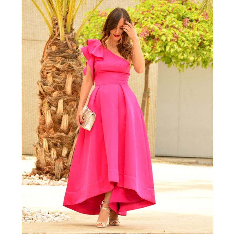 Simple High Low Prom Dresses One Shoulder Ball Gown with Pockets A-Line Pink Satin Short Front Long Back Party Gown Graduation Dress