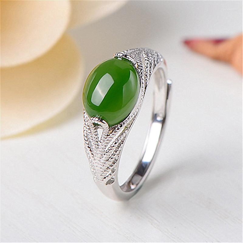 

Wedding Rings Ethnic Style Imitated Hetian Jade Ring Inlaid Green Chalcedony Jewelry Opening Adjustable Innovative Accessories