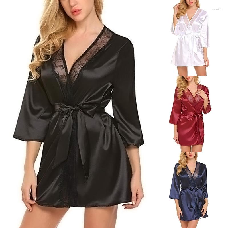 

Women' Sleepwear 1PC Women Satin Robe Sexy Lingerie Nightgown Underwear Deep V Bathrobes Lace Kimono Nightie Bridal Pajama