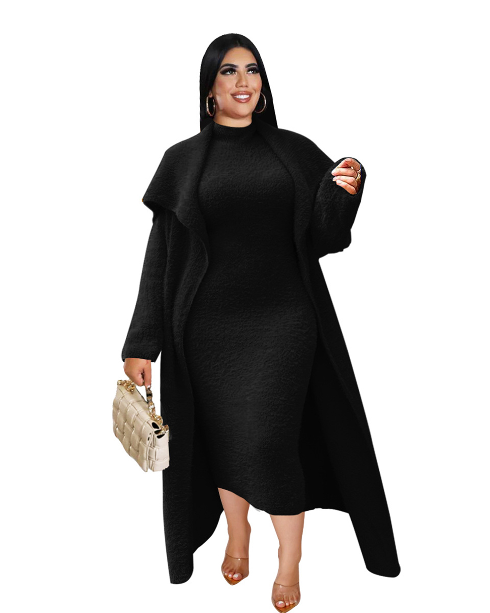 Autumn Winter Women Two Piece Pants Sets Dress and Coat Loose Long Cardigan Velvet Suit With Belt Plus Size S-4XL