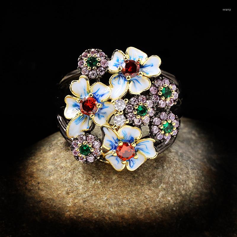 Cluster Rings CIZEVA Women Trendy Exquisite Flower Crystal Enamel Ring Retro Elegant Black Gold Color Luxury Ladies Jewelry