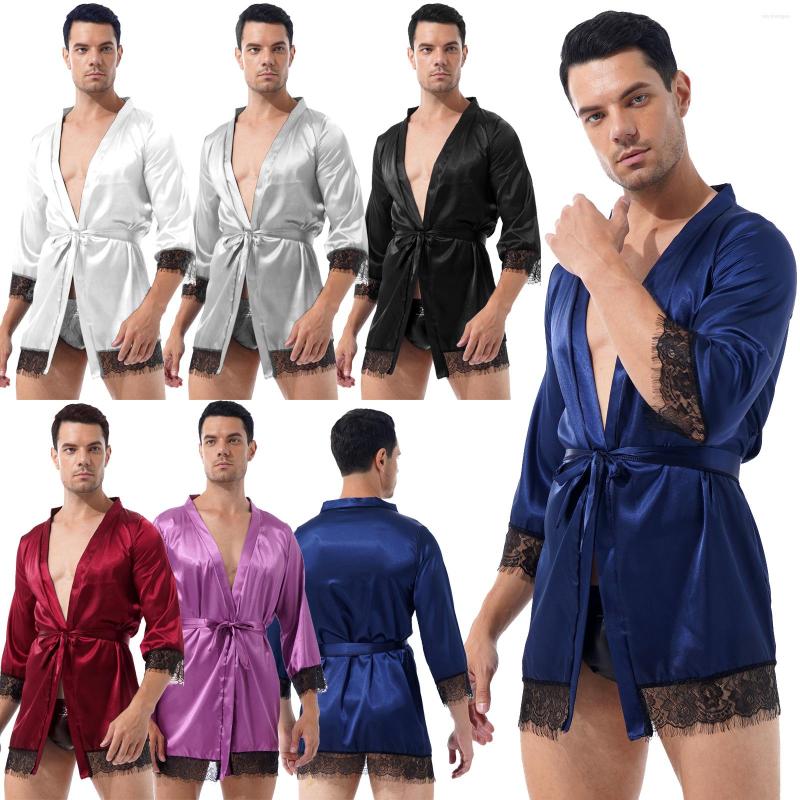 

Men's Sleepwear Plus Size Satin Bathrobe Men Waist Long Sleeve Open Front Lace Trim Belted Kimono Night-Robe Sissy Nightwear, Burgundy