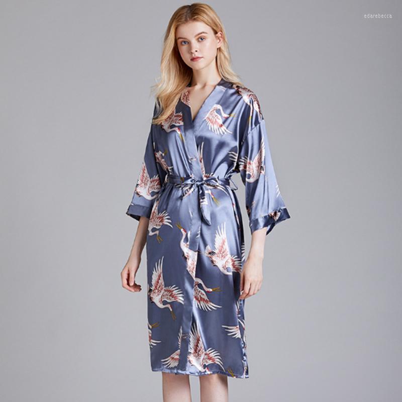 Women's Sleepwear Ladies Pajamas Set Satin Silk Printed Sleep Lounge Nightgown, Blue