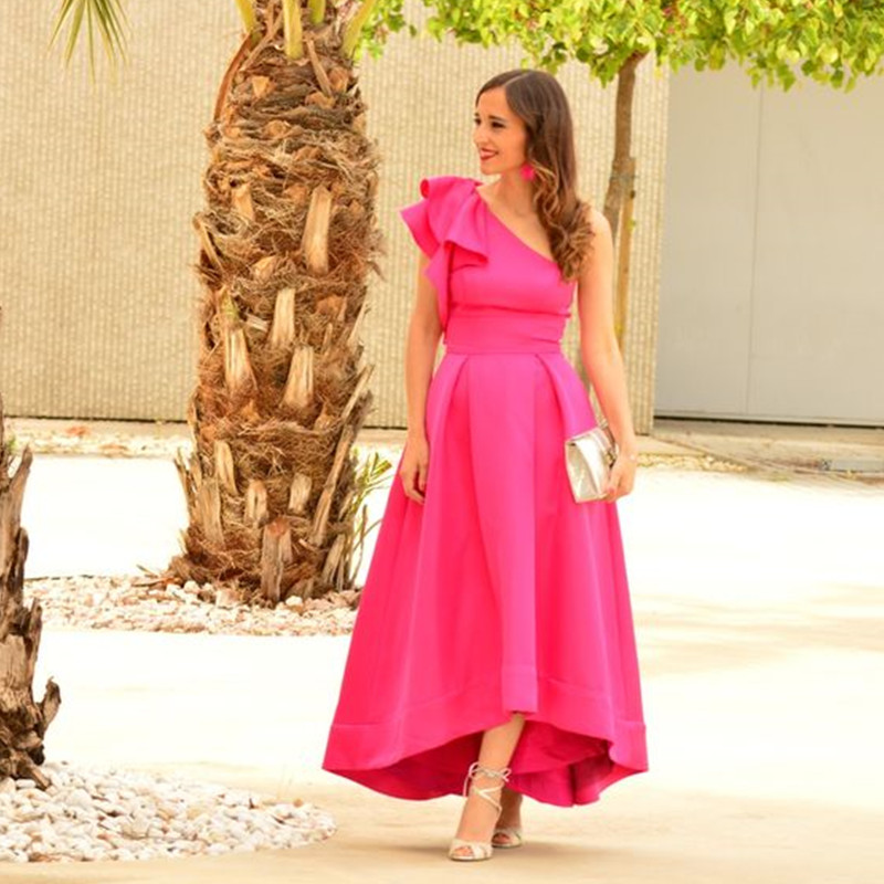 Simple High Low Prom Dresses One Shoulder Ball Gown with Pockets A-Line Pink Satin Short Front Long Back Party Gown Graduation Dress