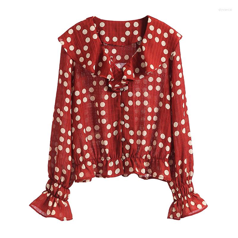 Women's Blouses PERHAPS U Women Red Beige Long Sleeve Turn Down Collar Shirt Blouse Polka Dot Chiffon Ruffle Spring B0488, Khaki 
Women's Blouses PERHAPS U Women Red Beige Long Sleeve Turn Down Collar Shirt Blouse Polka Dot Chiffon Ruffle Spring B0488, Khaki