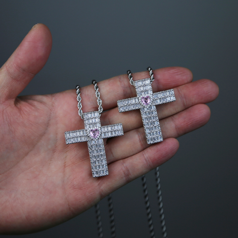 Hip Hop Iced Out Bg Pink Heart pendant Cz Paved Classic Cross Shape Pendant Necklace gifts jewelry for Men Women Valentine's Day