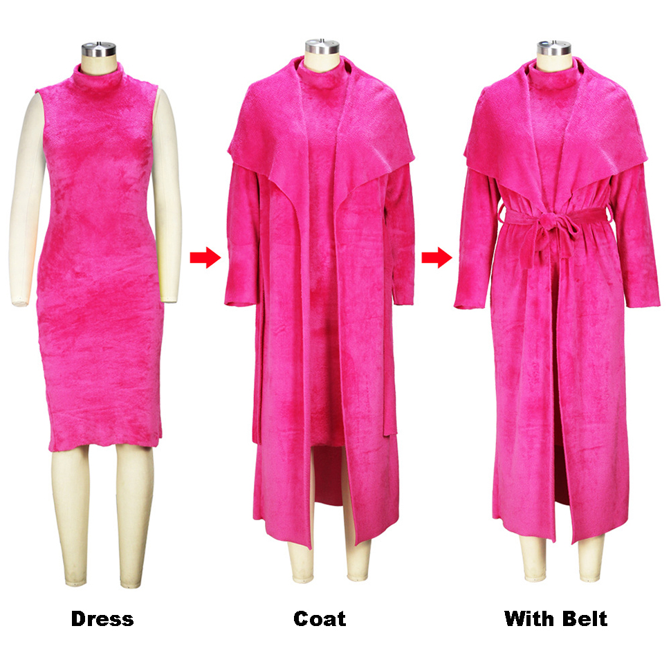 Autumn Winter Women Two Piece Pants Sets Dress and Coat Loose Long Cardigan Velvet Suit With Belt Plus Size S-4XL