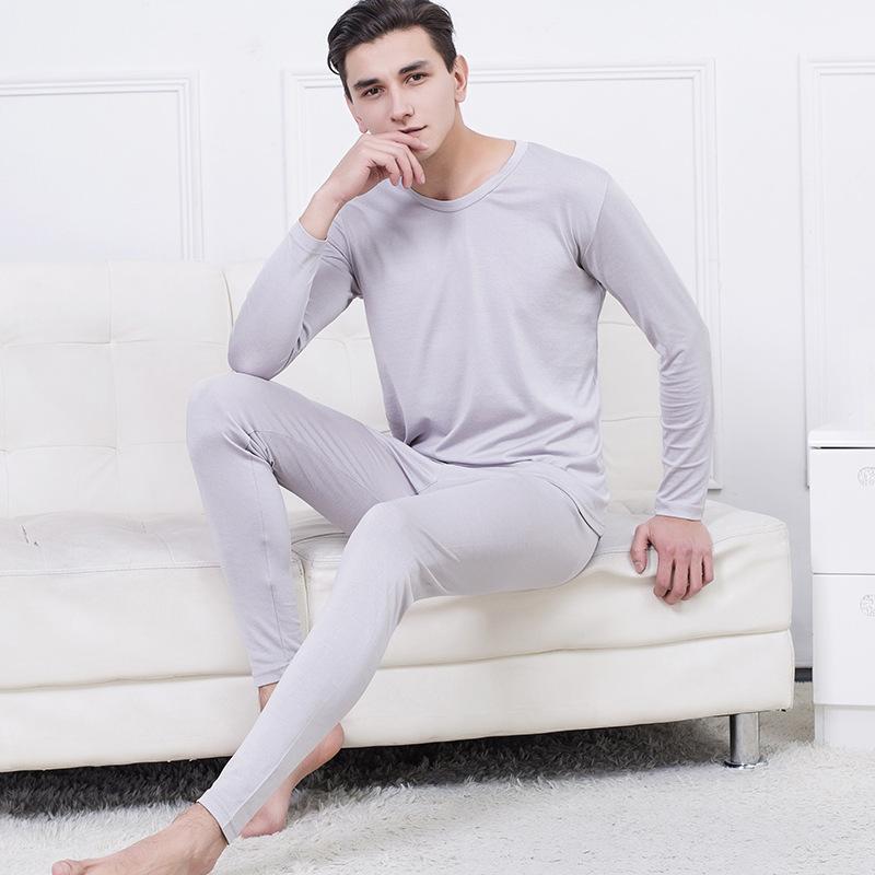 Men's Thermal Underwear 20% Silk 80% Cotton Base Layer Long Johns Warm Set L XL 2XL 3057, Gray
