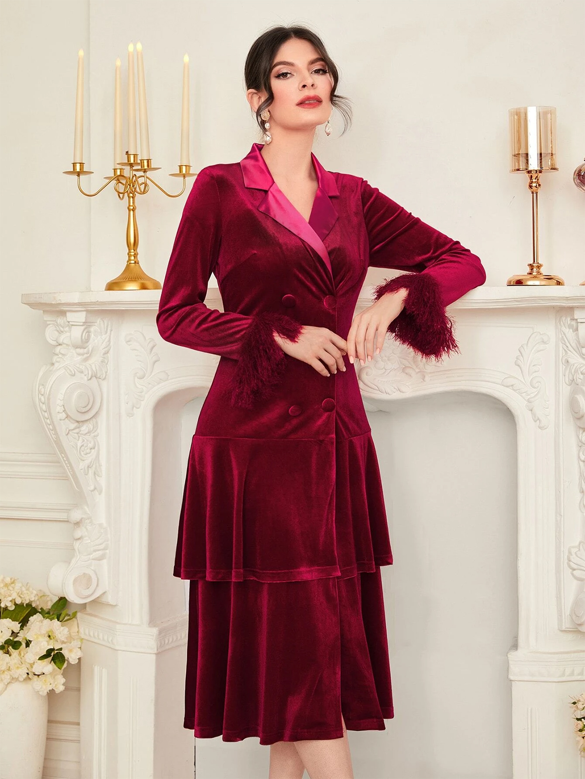 Burgundy Velvet Women Dress Suits V Neck Evening Party Ladies Tuxedos For Wedding Two Pieces Jacket And Skirt
