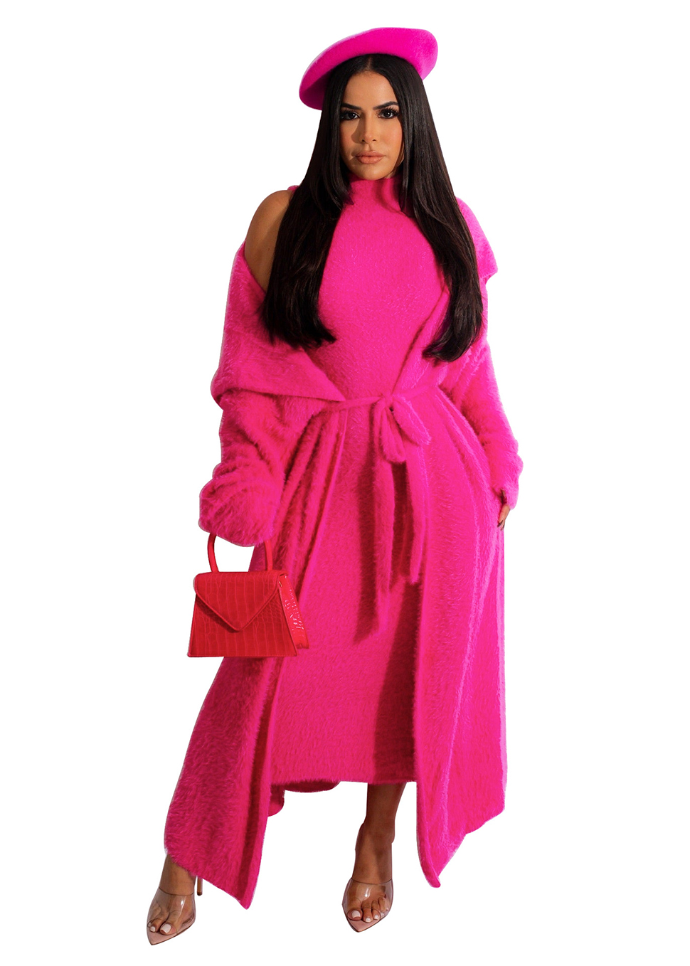 Autumn Winter Women Two Piece Pants Sets Dress and Coat Loose Long Cardigan Velvet Suit With Belt Plus Size S-4XL