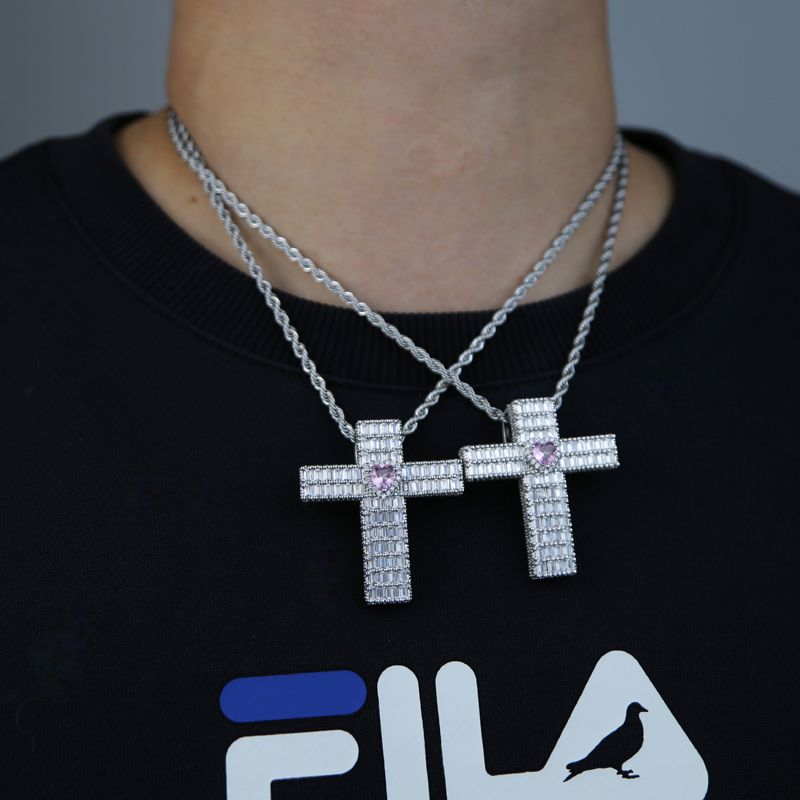 Hip Hop Iced Out Bg Pink Heart pendant Cz Paved Classic Cross Shape Pendant Necklace gifts jewelry for Men Women Valentine's Day