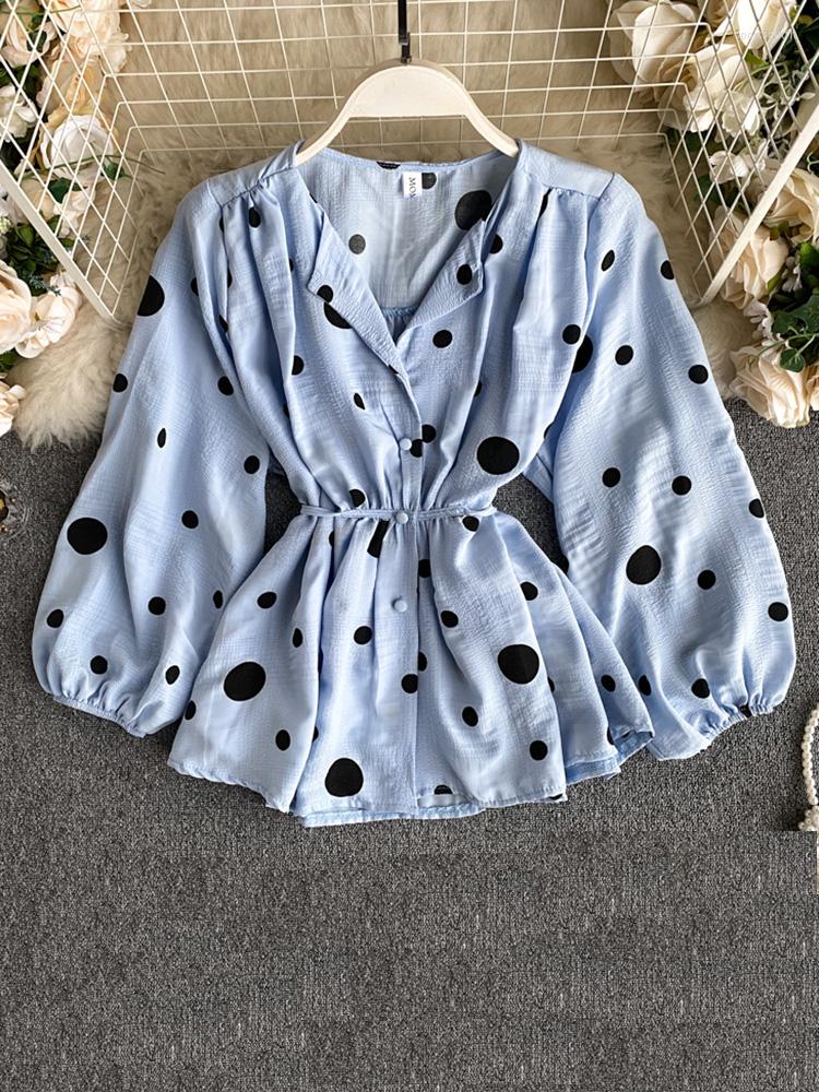 Women's Blouses Irregular Blouse Polka Dot Chiffon Shirts Autumn French Puff Sleeve Nipped Waist All-match Female Blusa Tops PL521, Blue
Women's Blouses Irregular Blouse Polka Dot Chiffon Shirts Autumn French Puff Sleeve Nipped Waist All-match Female Blusa Tops PL521, Blue