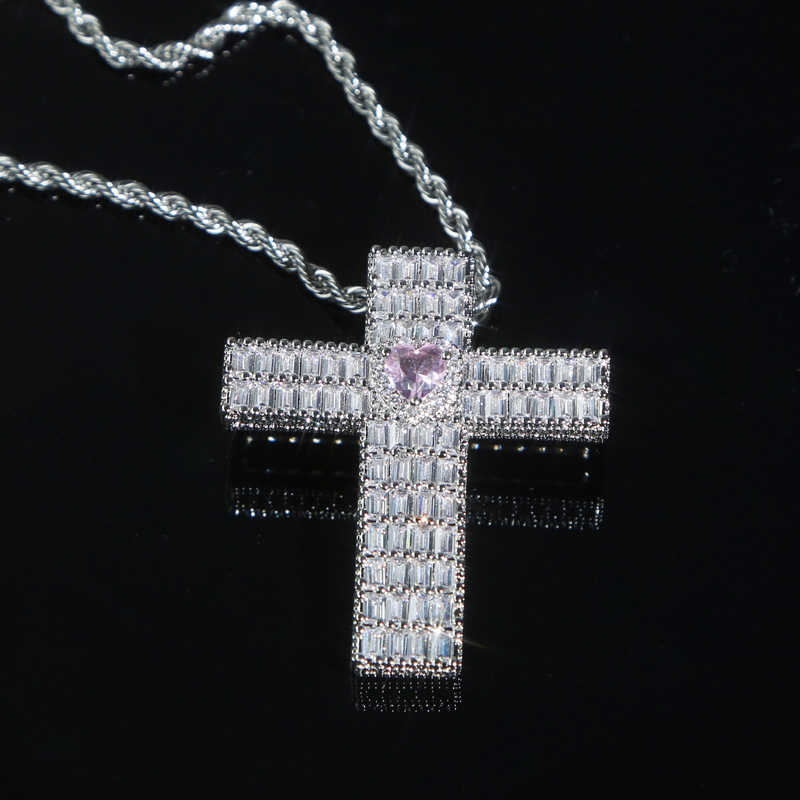 Hip Hop Iced Out Bg Pink Heart pendant Cz Paved Classic Cross Shape Pendant Necklace gifts jewelry for Men Women Valentine's Day