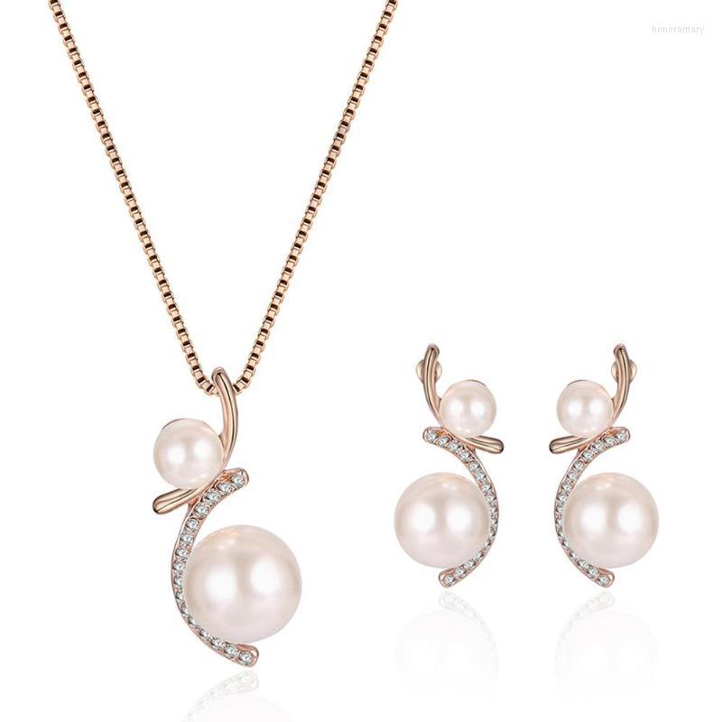 Necklace Earrings Set Women Pearl Crystal Pendants Elegant Bride Jewelry, Picture shown