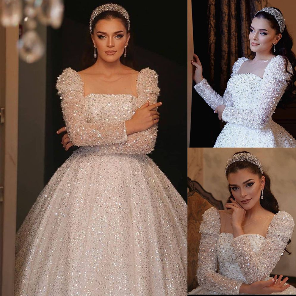 Glitter Beading Sequins Wedding Dress Square Collar Lace Up Long Sleeves or Length Custom Made Plus Size Bridal Gowns
