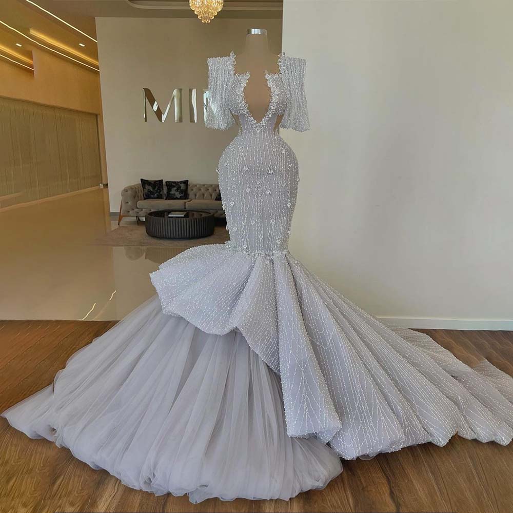 Sparkly Mermaid Wedding Dress For Bride Sequins Deep V Neck Long Sleeve Vestido De Noiva Sereia Bridal Gowns Charming