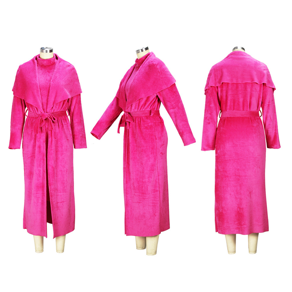 Autumn Winter Women Two Piece Pants Sets Dress and Coat Loose Long Cardigan Velvet Suit With Belt Plus Size S-4XL