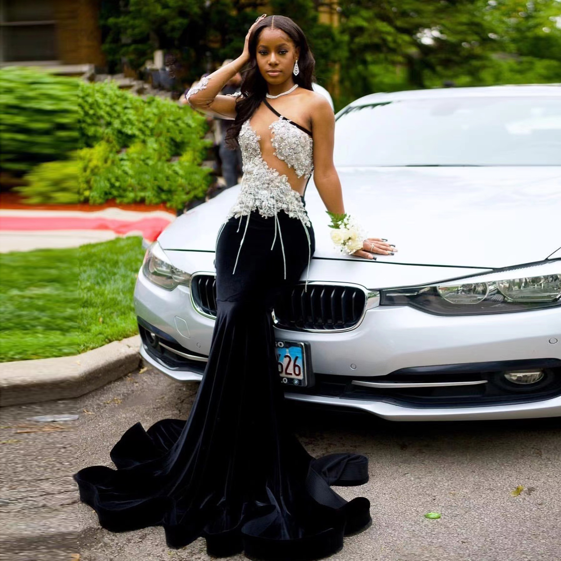 Sexy Black Mermaid Prom Dresses For Black Girls Velvet Beads Appliques One Shoulder Graduation Party Gowns Formal Dress, Gray
Sexy Black Mermaid Prom Dresses For Black Girls Velvet Beads Appliques One Shoulder Graduation Party Gowns Formal Dress, Gray